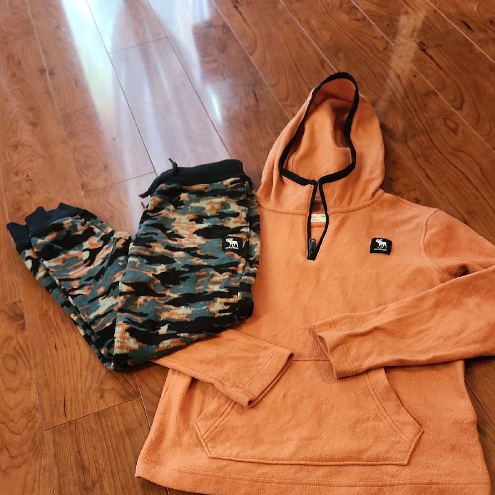 Abercrombie Kids Camouflage Fleece Joggers and Orange Fleece Hoodie Set